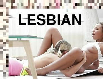 Lesbians workout and then get extra sweaty fucking each other