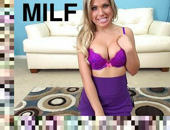 Slutty skintight purple dress on a stripping blonde beauty