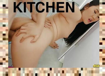 Flat-chested Asain hottie Katana rides cock in the kitchen