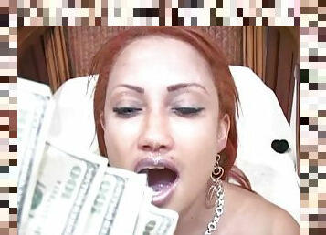 Latina Redhead babe swallows cum after delivering hot blowjob for money