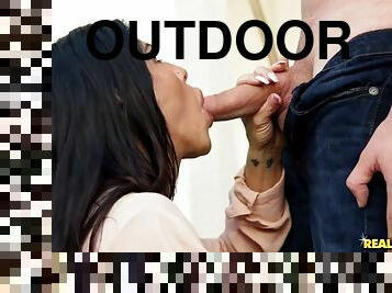 Melissa lynn gets her mouth and tits fucked outdoor
