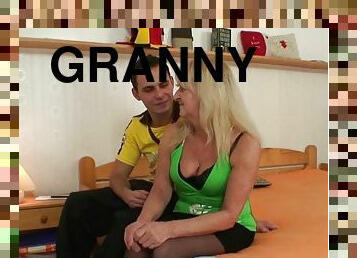 Blonde old granny is riding young dick