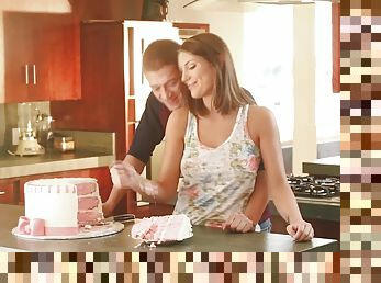 August Ames pleasuring her handsome BF in the kitchen