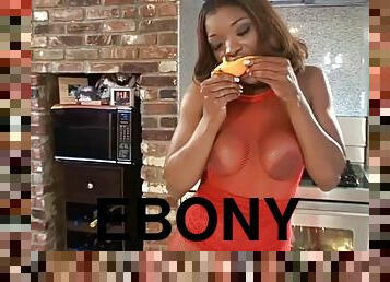 Ebony babe in red bodystockings rides a dick in a kitchen