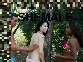 Brunette bitch gets fucked by a shemale and a dude in a forest