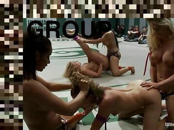 Groups of nasty girls in bikini fight and fuck in a ring