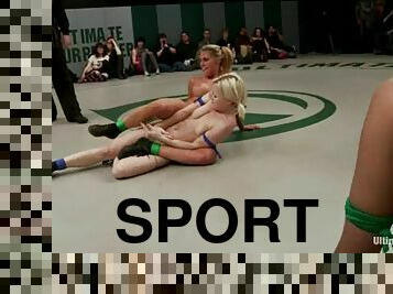 Lustful chicks wrestle in a ring being naked