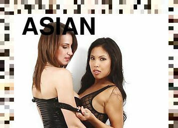 Sexy Asian and hot redhead are in lesbian show