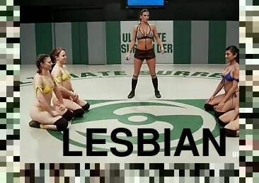 Yellow lesbian team verses a blue lesbian team