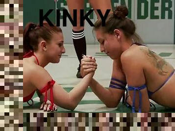 Kinky girls in bikini fight and fuck in the ring