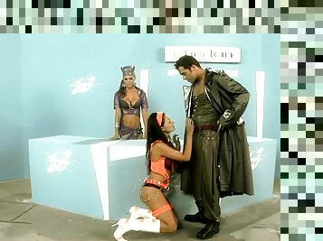 Aletta Ocean and Trisha Brill share a prick of a guy wearing a costume