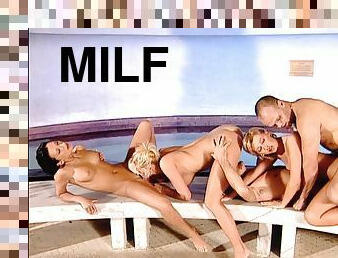 Three hot insatiable milfs share two cocks in a pool