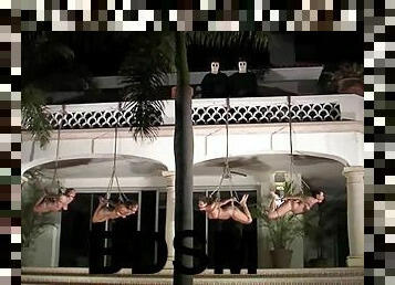 Three tied up girls get humiliated on a lawn late at night