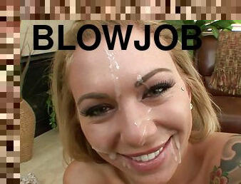 Riley Reece gets her charming face covered with cum in blowjob scene