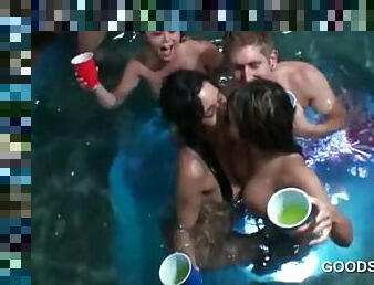 Sex addict teen girls fucked hardcore at pool orgy