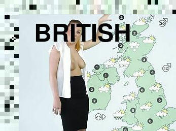 Weather girl unbuttons her blouse and shows her tits