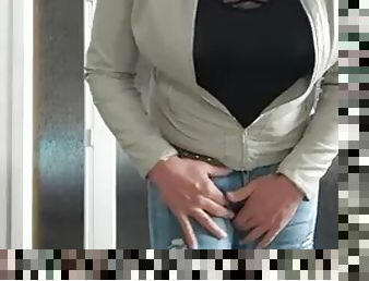 Sexy crossdresser with big tits and fat cock cums