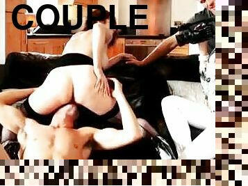 Two horny couples have an amazing sex on a sofa