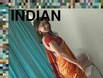 Stunning Indian chick in national clothes poses on cam