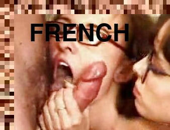Two French chicks and two guys have wild orgy in retro video
