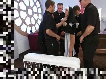Slutty nun gets gangbanged right after the mass