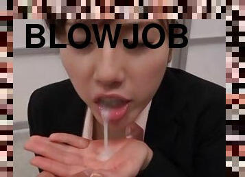 Azumi gives a blowjob to her boss and gets a mouthful of cum