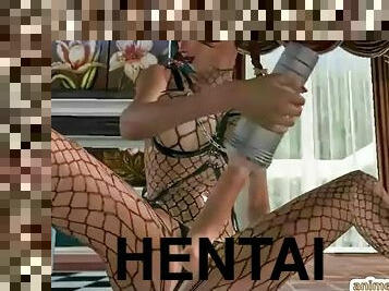 Fishnet hentai shemale with bigtits handjob and self masturbation