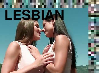 Teen lesbians enjoy sexy lesbian sex in outdoors