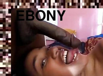 Ebony teen Desire sucks a long black cock before taking it in her hairy vag