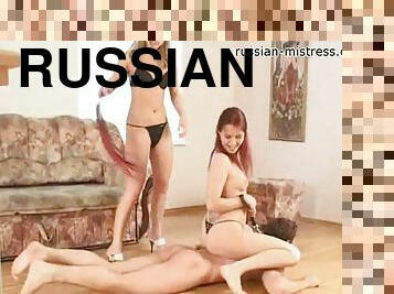 Two foxy Russian bimbos have some naughty fun with a horny studs