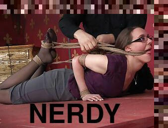 Nerdy submissive tied up harshly by her master