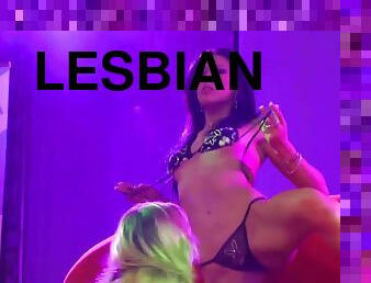 Incredible hot lesbian striptease porn show on public sexfair show stage