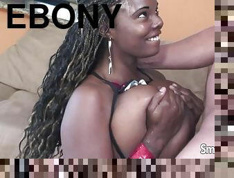 Big boobed Ebony Girl takes big white cock