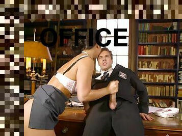 Flamboyant blonde banged with a big cock in the middle of the office