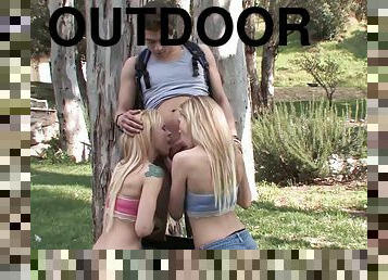 Blonde bending over to be fucked hardcore in outdoor ffm porn