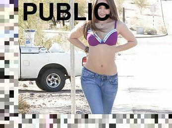 Sexy Solo Model in Jeans Gets Topless While Out in Public