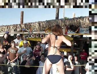 Sexy pornstar goes topless at a kinky bikini party