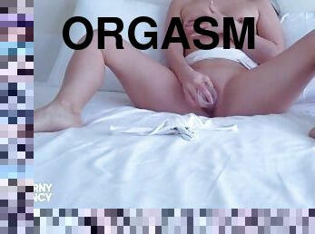 Hottest masturbation with favorite glass dildo in tight shaved pussy of HornyFancy