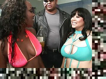 Two bootylicious slags enjoy sharing a thick black member