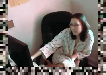 Nerdy girl in glasses watches porn and then gives a blowjob