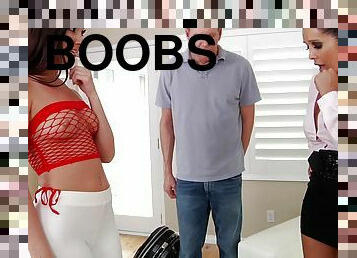 Big boobs ladies unanimously agree to share a cocky dude for a fascinating FFM sex