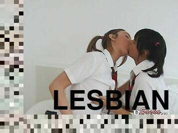 Sasha Bangs and her GF play lesbian games in a bedroom