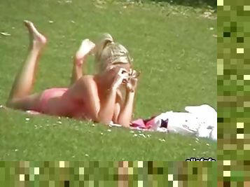 Hot Blonde Showing her Big Natural Tits In A Park