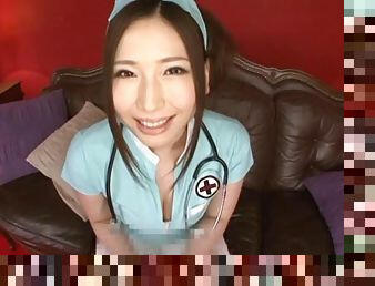 A pretty Japanese nurse masturbates and gives a titjob