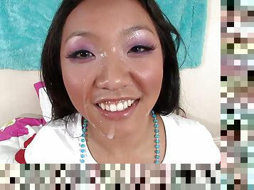 Slutty Asian Katreena Lee milks a cock dry on her face