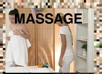 Two sexy girls enjoy playing with each other's vags in massage parlour