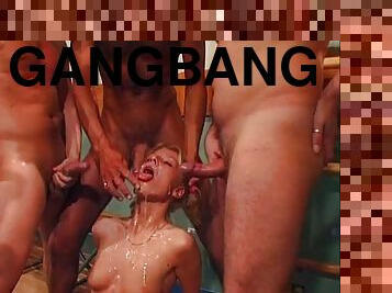 Sandra takes cock in fuck holes in gangbang session before cumshot