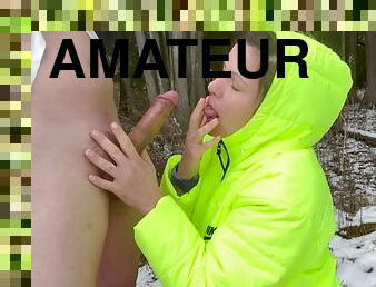 Mouthful of hot creamy cum on a puffy jacket