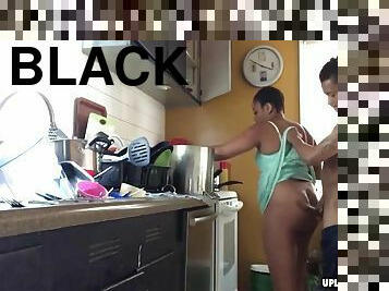 Horny black couple having a great doggystyle fuck in the kitchen