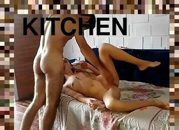 This married woman moans very tasty to give the kitchen on the sofa